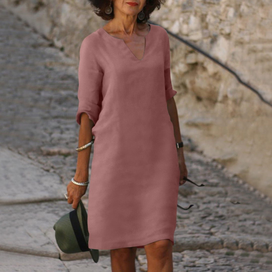 Heidi-Mode | Elegantes Leinen Sommerkleid mit V-Ausschnitt