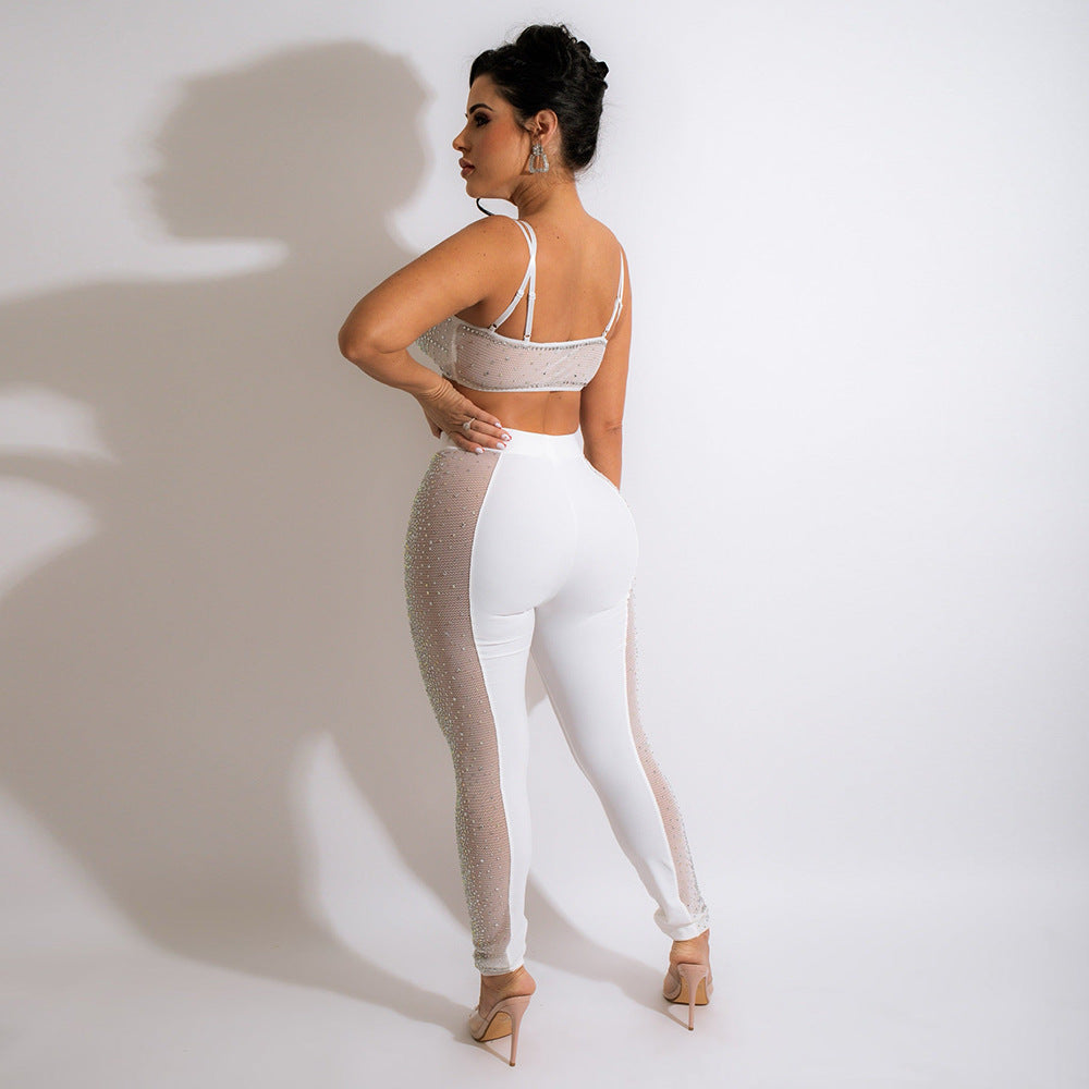 Heidi-Mode | Funkelndes Kristall Crop Top & Mesh Leggings Satzs
