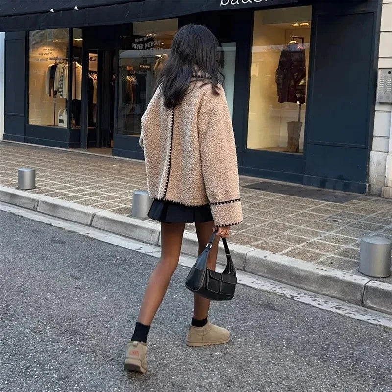 Heidi-Mode | Damen Fleece Teddy Jacke Mit Reverskragen In Khaki Lockerer Schnitt