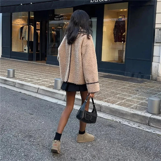 Heidi-Mode | Damen Fleece Teddy Jacke Mit Reverskragen In Khaki Lockerer Schnitt