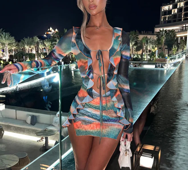 Heidi-Mode | Frauen Mini Kleid Langarm Schnürung Tie Dye Print Patchwork Strapazierfähiges Bodycon Kleid für Club Party