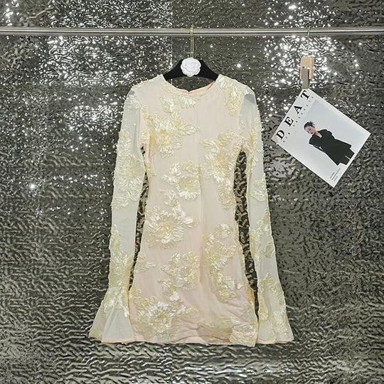 Heidi-Mode | Herbstmode Trendy Frauen'S Stickerei Blume Rücken Hollow Out Kleid O-Ausschnitt Flare Ärmel Kleider Female