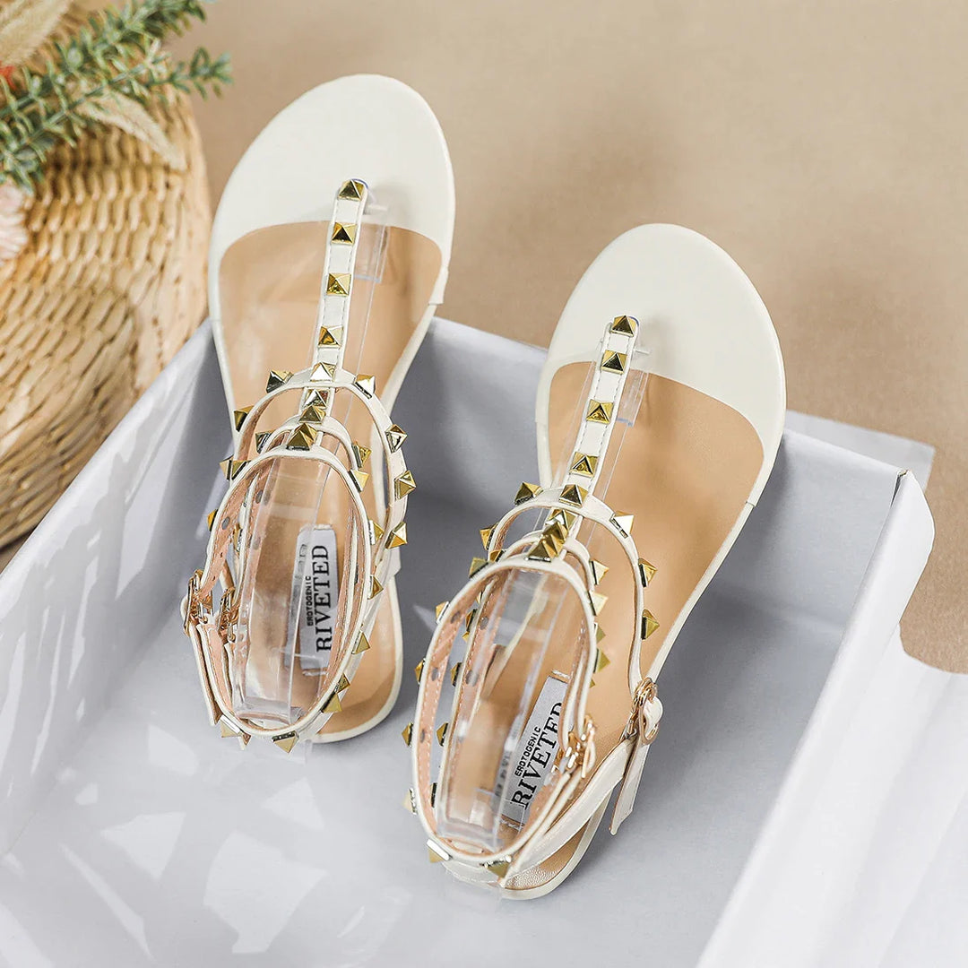 Heidi-Mode | Neue Sommer Outdoor Damen Flache Sandalen Britischer Stil Damen Lässig Römische Flache Stilvolle Niet Design Arbeit und Fest