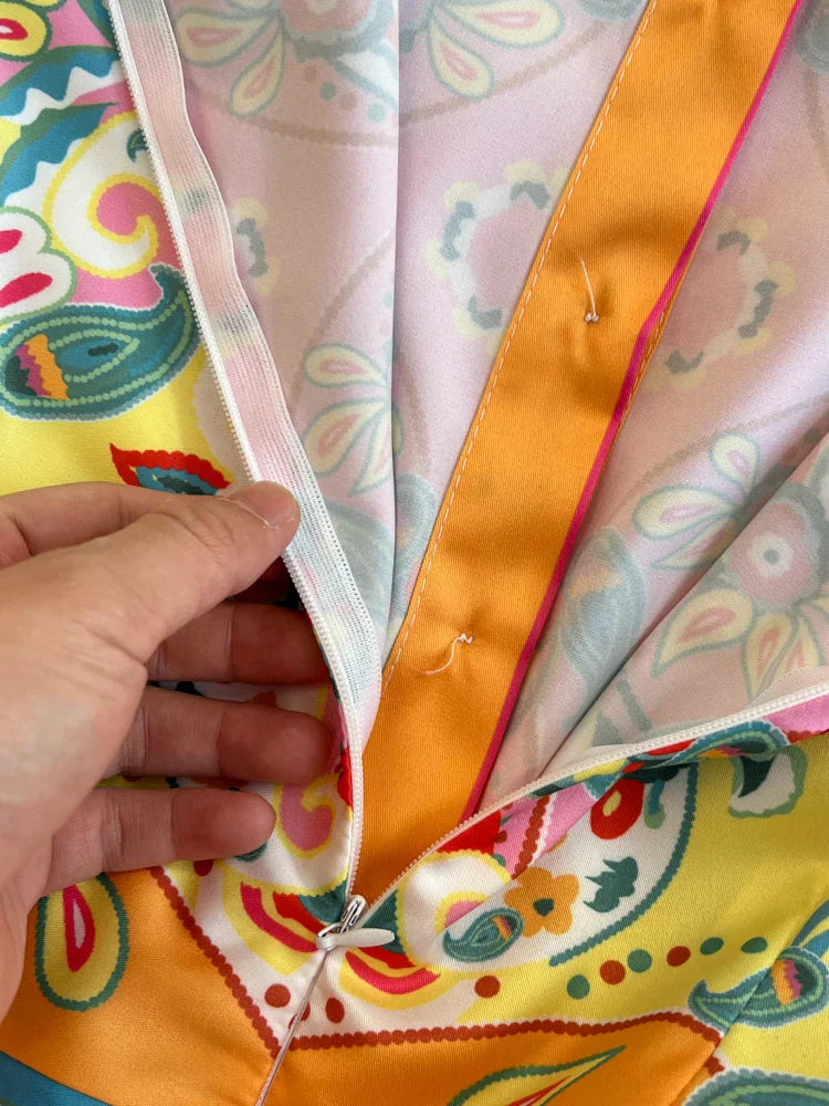 Heidi-Mode | Sommermode Designer Kleid Damen O-Ausschnitt Kurze Ärmel Blumenmuster Streifen Vintage Gürtel Schnürung Unregelmäßige Midi Kleider