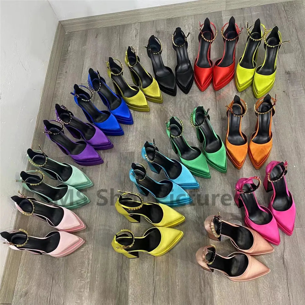 Heidi-Mode | Luxus Frauen High-Heels Schuh Plattform Sandalen Spitz Zehe Damen Seiden Pumps Sexy Strass Schnalle Chunky Absatz Hochzeitsschuhe