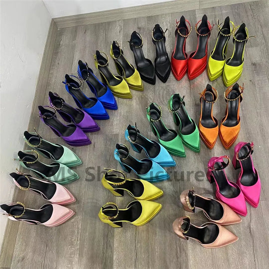 Heidi-Mode | Luxus Frauen High-Heels Schuh Plattform Sandalen Spitz Zehe Damen Seiden Pumps Sexy Strass Schnalle Chunky Absatz Hochzeitsschuhe