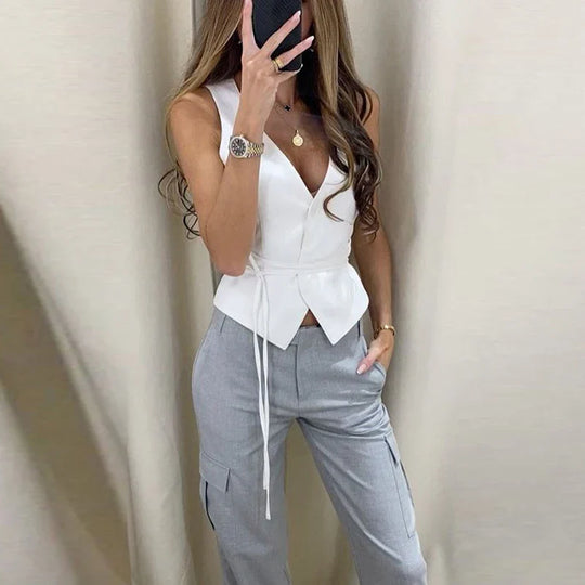 Heidi-Mode | Elegant Chic Schnür V-Ausschnitt Damen Weste Solid Dünn Ohne Ärmel Tops Female Frühling Sommer Mode Sexy Dame Streetwear