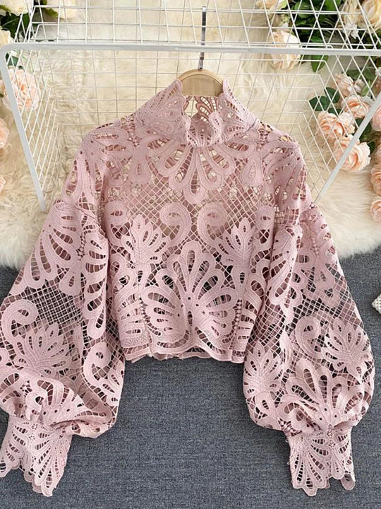 Heidi-Mode | Sexy Spitzen Hohle Ohne Kurze Bluse Lässig Laterne Langärmlige Standkragen Hemden Frauen Elegant Rot/ Rosa/ Weiß Lose Tops