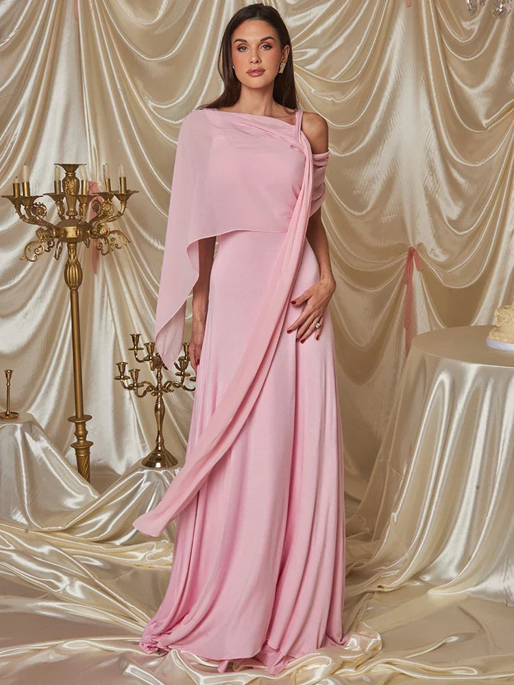 Heidi-Mode | Pink Cape Sleeve Sexy Maxi Kleid für Frauen Off Shoulder Rückenfrei Gown Elegant Schrägkragen Schnürung Lang Kleid Vestido