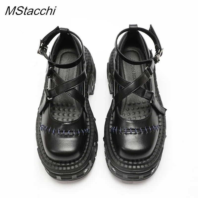 Heidi-Mode | Punk Stil Flach Plattform Schuhe Niete Schnalle Riemen Mary Janes Kreuz Riemen Schwarz Leder Dicke Sohle Schuhe Frauen Sandalen Sommer