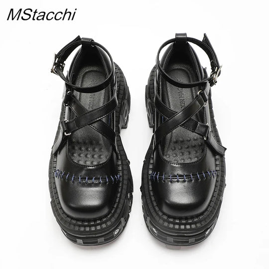 Heidi-Mode | Punk Stil Flach Plattform Schuhe Niete Schnalle Riemen Mary Janes Kreuz Riemen Schwarz Leder Dicke Sohle Schuhe Frauen Sandalen Sommer