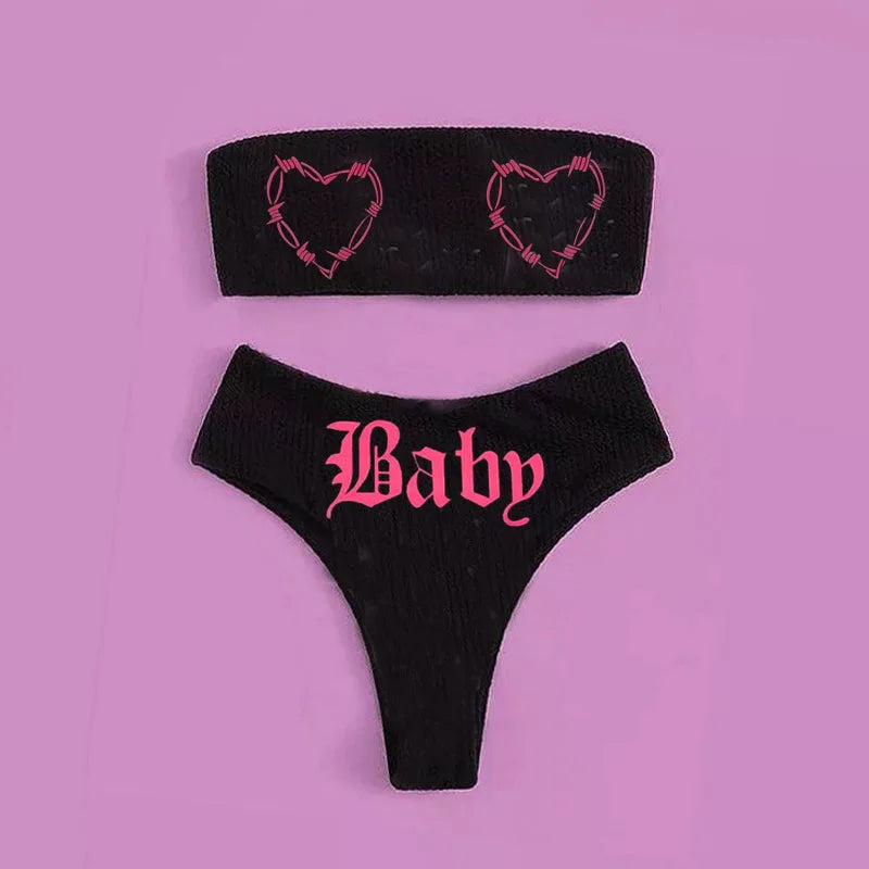 Heidi-Mode | Sexy Goth Bikini Frauen Buchstaben Totenkopf Druck Badeanzug Split Badeanzug Hohe Taille Gotische Bikini Set Strandoutfits
