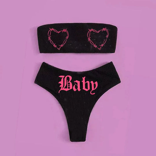 Heidi-Mode | Sexy Goth Bikini Frauen Buchstaben Totenkopf Druck Badeanzug Split Badeanzug Hohe Taille Gotische Bikini Set Strandoutfits