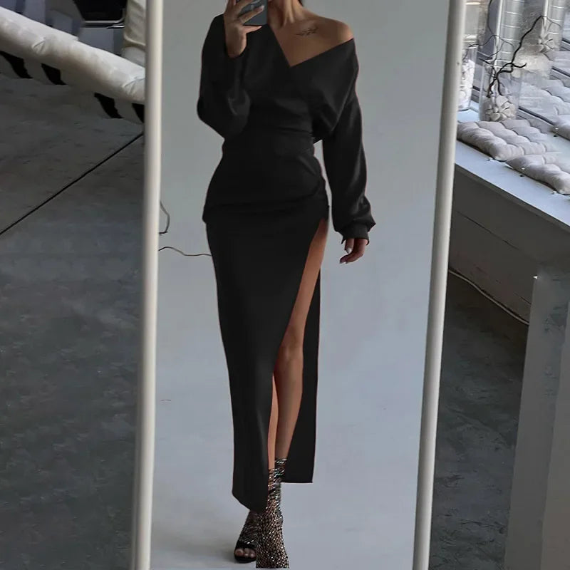 Heidi-Mode | Sexie Frauen Lange Ärmel V-Ausschnitt Abendkleider Damen Elegante Slim Fit Hohe Schlitz Plissierte Kleid Fest Club Outfits Prom Kleid