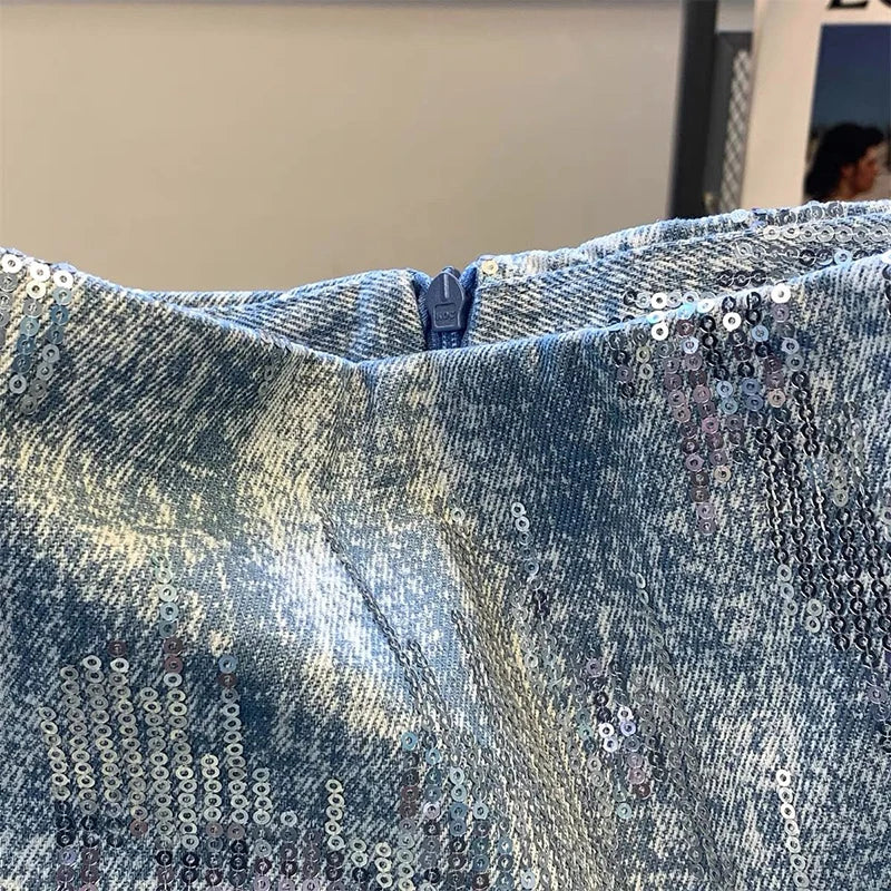 Heidi-Mode | Röcke für Frauen Pailletten Denim Tasche Hüftrock Sommer Neu Koreanische Version Hohe Taille Schlank Retro Nischen Design Joker Rock
