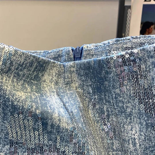 Heidi-Mode | Röcke für Frauen Pailletten Denim Tasche Hüftrock Sommer Neu Koreanische Version Hohe Taille Schlank Retro Nischen Design Joker Rock