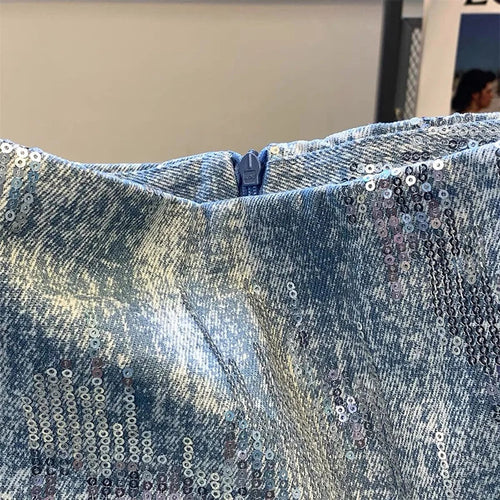 Heidi-Mode | Röcke für Frauen Pailletten Denim Tasche Hüftrock Sommer Neu Koreanische Version Hohe Taille Schlank Retro Nischen Design Joker Rock