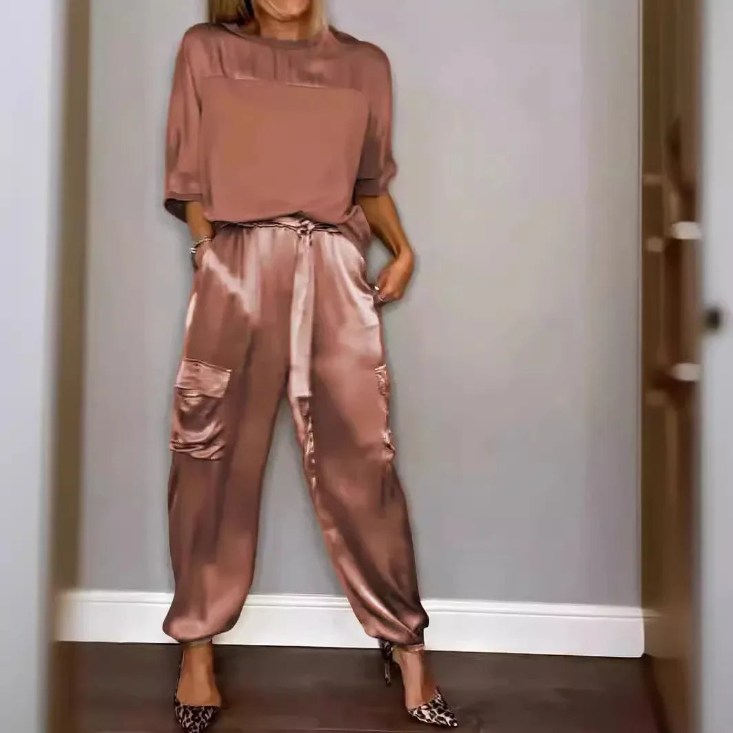 Heidi-Mode | Sommer Satin 2 Teilig Set Frauen Lässig Einfarbig 2 Teilig Outfit Halblange Ärmel Top Lockere Passform Hosen Set Zwei Teilige Set