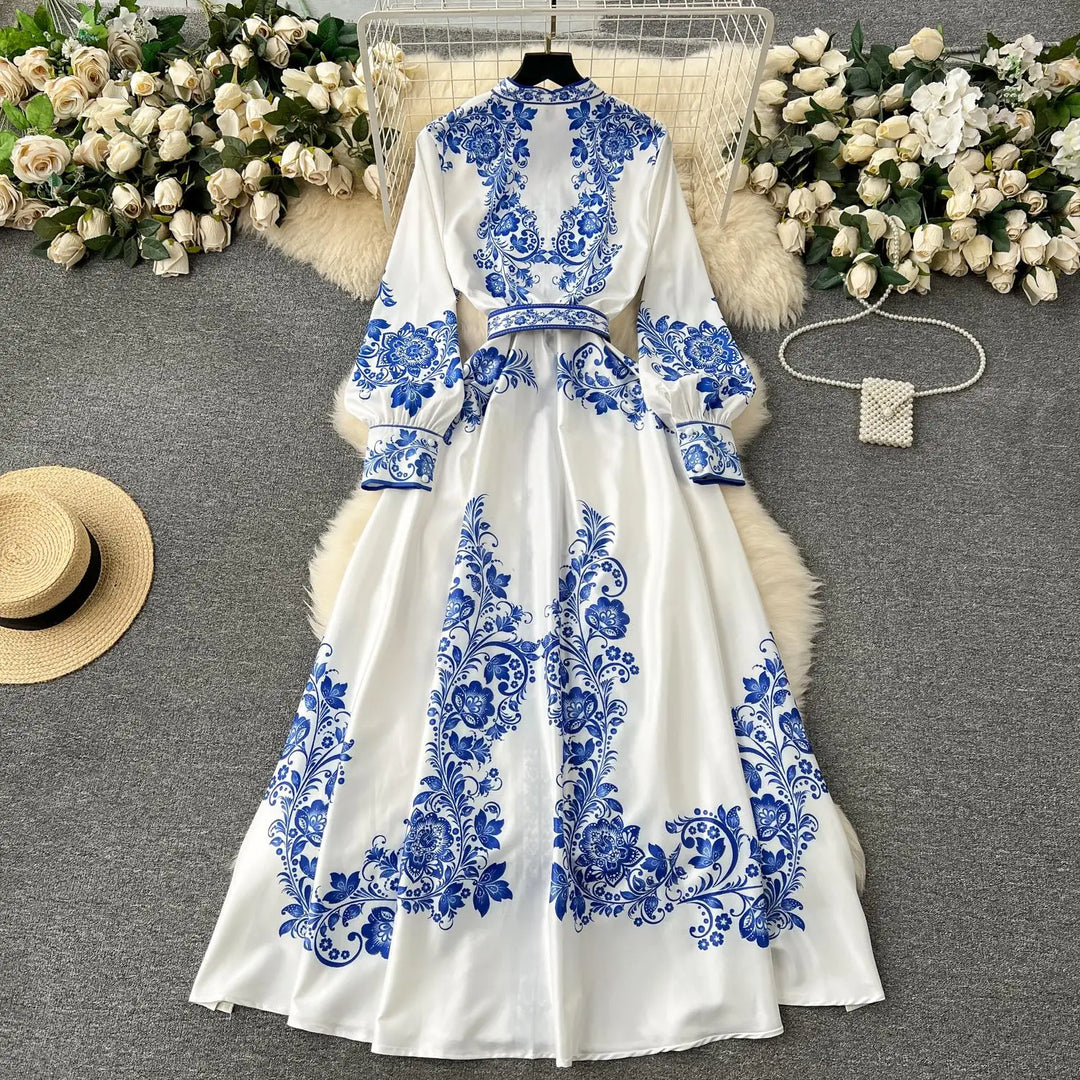 Heidi-Mode | Neue Mode Catwalk Rot und Weiß Porzellan Kleid Frauen Stehen Lange Laterne Ärmel Blau Blumenmuster Hemd Robe Vestidos