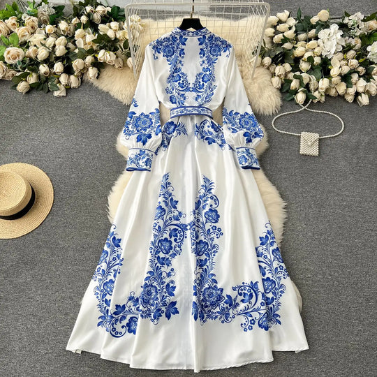 Heidi-Mode | Neue Mode Catwalk Rot und Weiß Porzellan Kleid Frauen Stehen Lange Laterne Ärmel Blau Blumenmuster Hemd Robe Vestidos