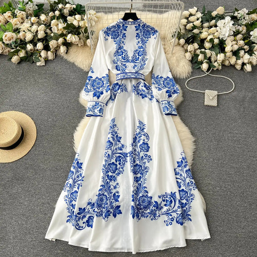 Heidi-Mode | Neue Mode Catwalk Rot und Weiß Porzellan Kleid Frauen Stehen Lange Laterne Ärmel Blau Blumenmuster Hemd Robe Vestidos