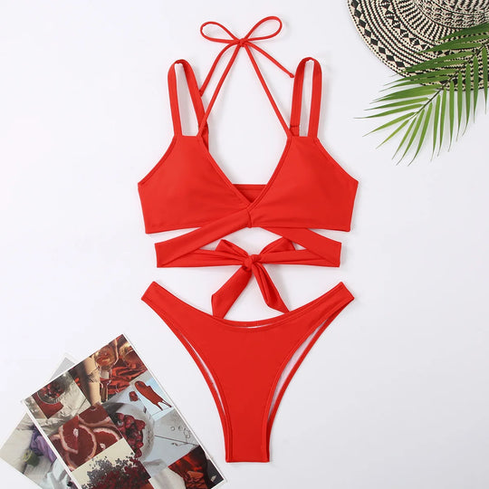Heidi-Mode | Frauen Strap Ties Bikini Set Weiblich Solid Sexy Badebekleidung 2 Stücke Sexy Badebekleidung Strand Outfit Damen Badeanzug Push Up
