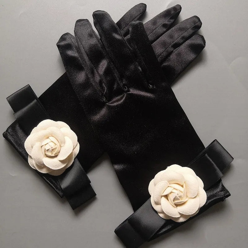 Heidi-Mode | Weinlese Schwarze Kurze Satin Hepburnhandschuhe