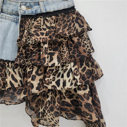 Heidi-Mode | Denim-Splicing Unregelmäßige Kurze Röcke für Frauen Sommer Neue Mode Vielseitiger Chiffon Minirock Frau Trend