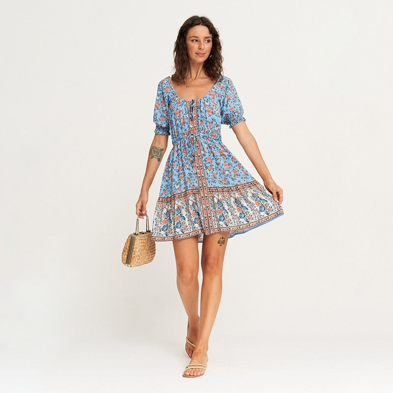 met blauwe boho print