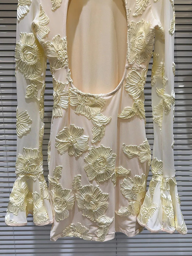 Heidi-Mode | Mode Damen Stickerei Blume Rücken Hohle aus Kleid Frühling Trendy O-Ausschnitt Flare Ärmel Kleider Weiblich