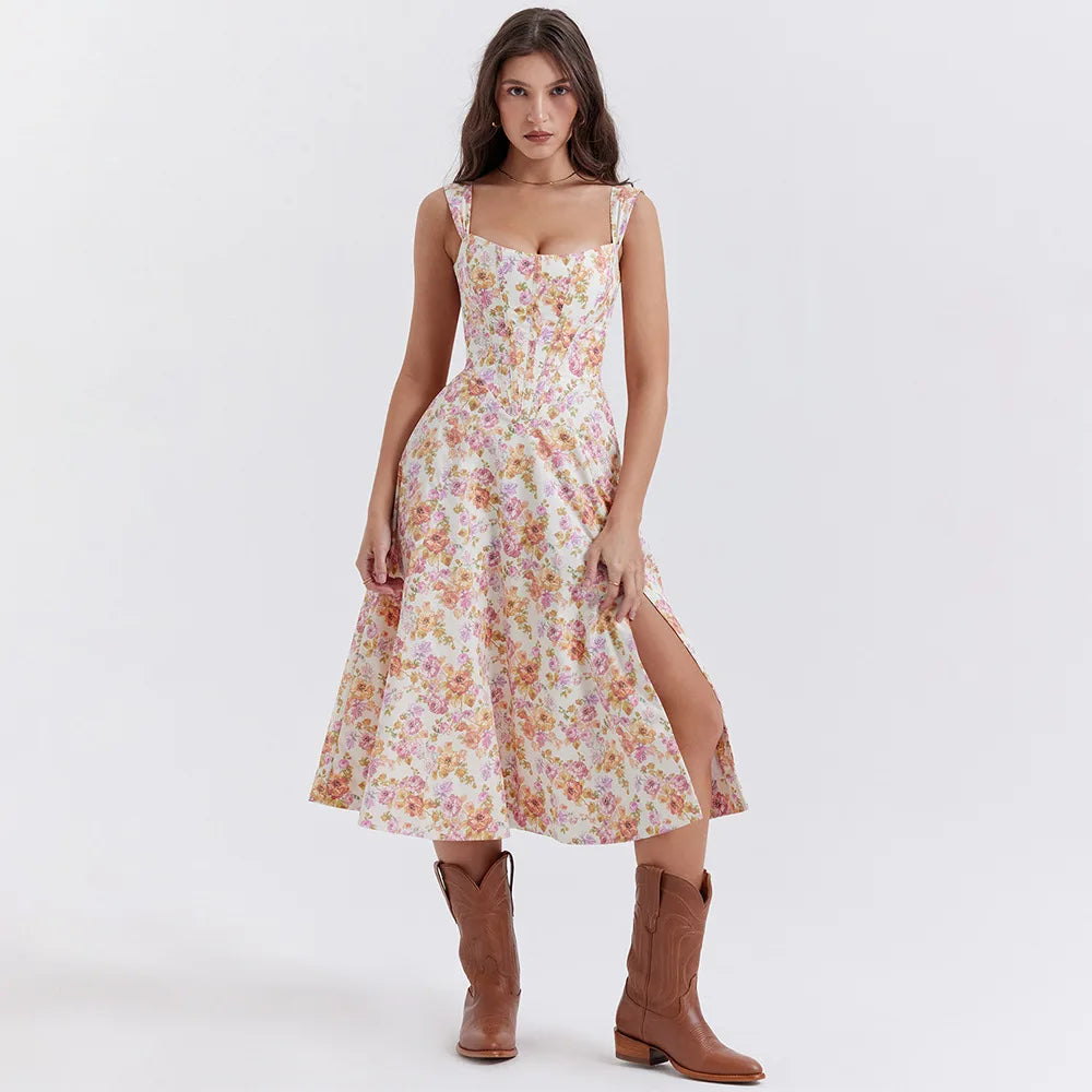 Heidi-Mode | Sommerkleid Frauen Grün Schnürung Blumenmuster Kleid Elegant mit Knochen Lässig Fest Urlaub Kleid Hohe Qualität