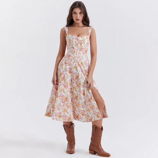 Heidi-Mode | Sommerkleid Frauen Grün Schnürung Blumenmuster Kleid Elegant mit Knochen Lässig Fest Urlaub Kleid Hohe Qualität