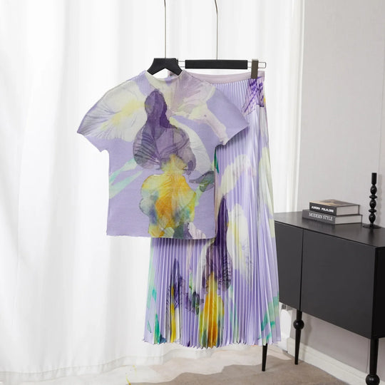 Heidi-Mode | Miyake Plissee Neue Mais Falten Blume Bedruckt Kurzarm T-Shirt und Mode A-Linie Plissee Lange Rock Set Zweiteilig Anzug Sommer
