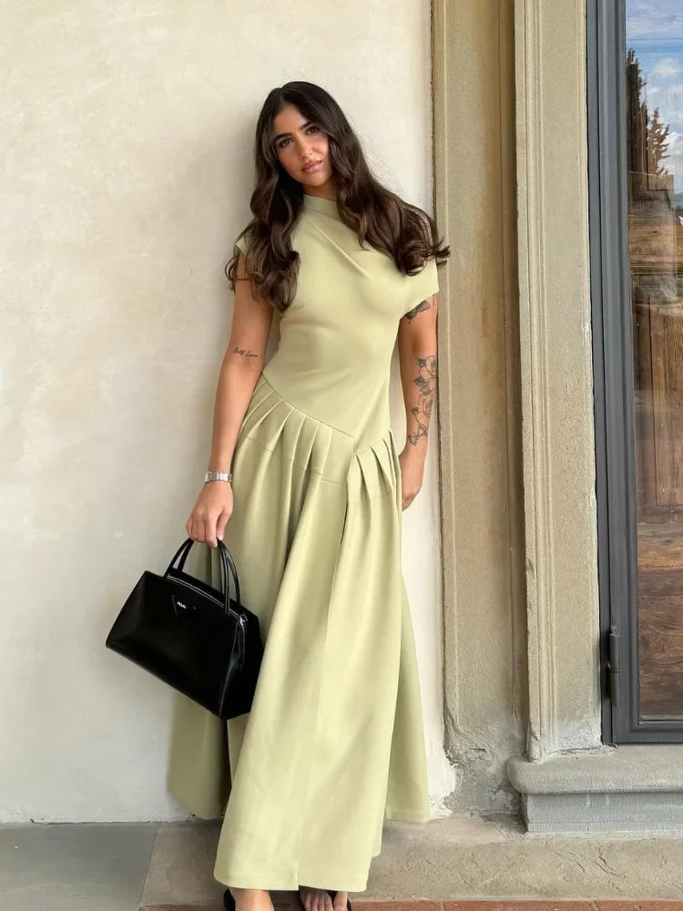 Heidi-Mode | Chic Off Shoulder Unregelmäßiger Hals Frauen Kleid Elegante Hohe Taille A-Linie Saum Plissierte Midi Kleider Neu Sommer Damen Pendelrobe