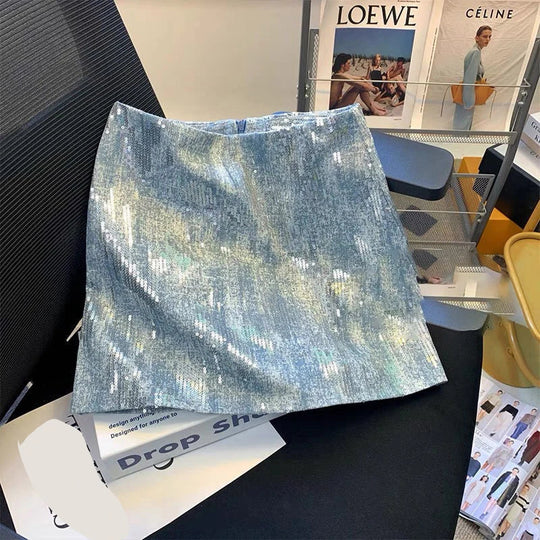 Heidi-Mode | Röcke für Frauen Pailletten Denim Tasche Hüftrock Sommer Neu Koreanische Version Hohe Taille Schlank Retro Nischen Design Joker Rock