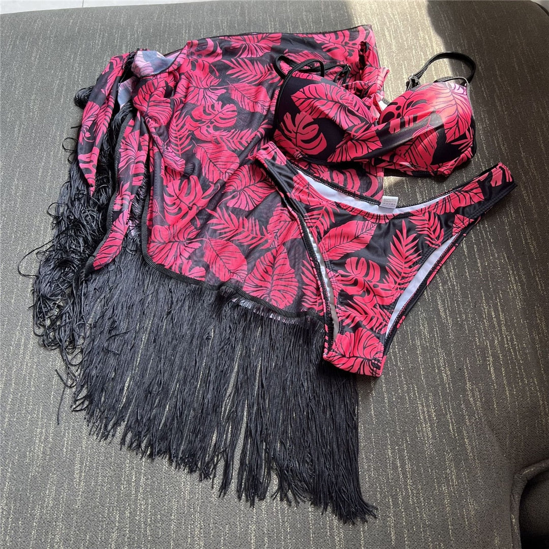 Heidi-Mode | Druck Sarong Bikini Satzs & Fransen Minirock