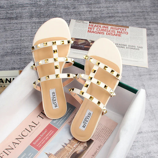 Heidi-Mode | Sommer Frauen Sandalen Damen Freizeit Slipper Flache Schuhe Einfache Stil Mode Nieten Design Gehen und Shoppen Große Größen