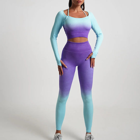 Heidi-Mode | Nahtlose Gradient Yoga Set Sport Fitness Hohe Taille Hip Lifting Hosen Langarm Anzüge Training Fitness Leggings Set für Frauen