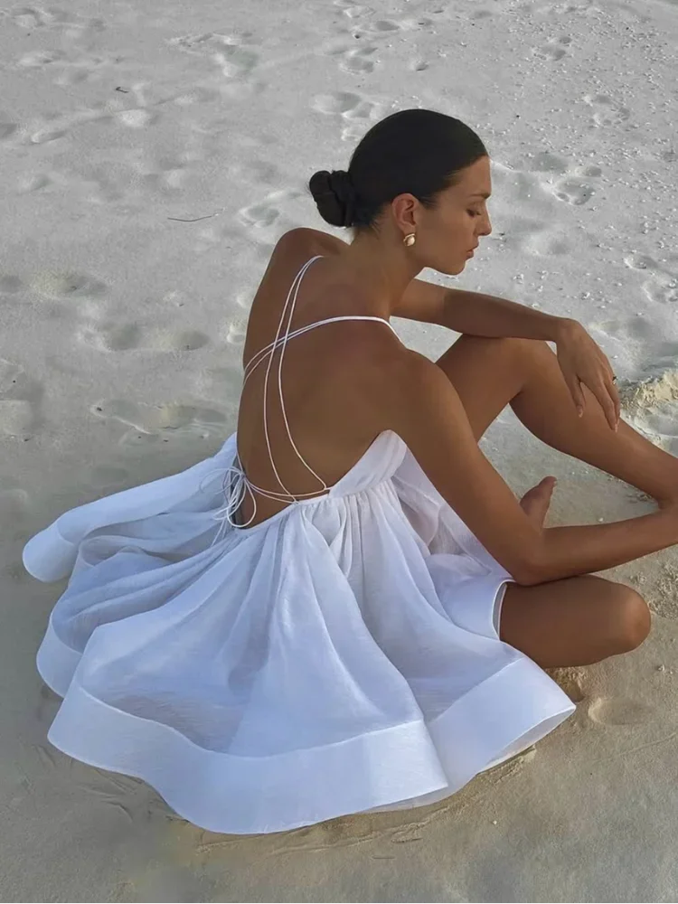 Heidi-Mode | Elegante Gelbe Plissierte A-Linie Mini Kleid Frauen Sexy Ohne Ärmel Offener Rücken Schnürkleider Sommer Damen Urlaub Strand Kleider