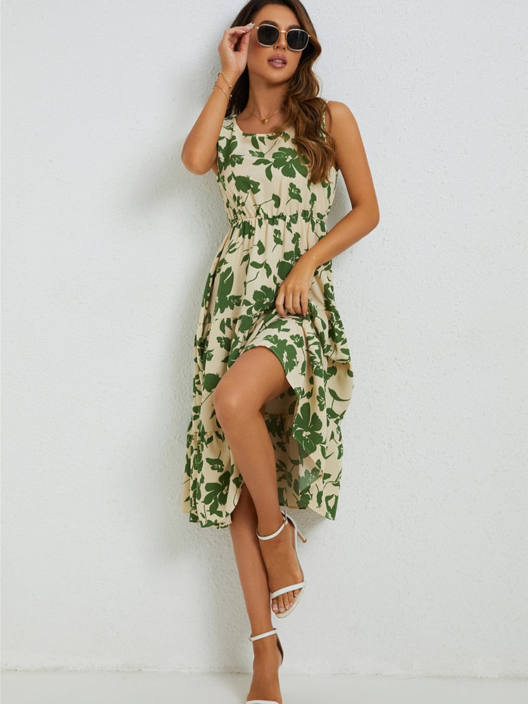 Grünes Blumen-Midi-Kleid