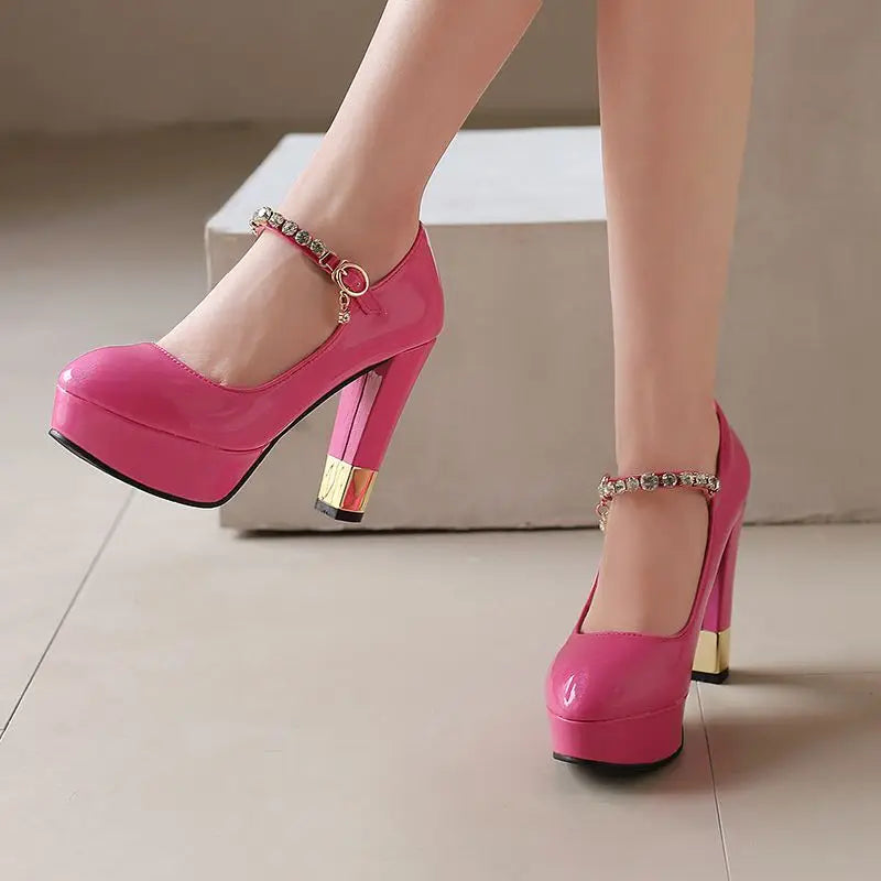 Heidi-Mode | Simloveyo Patentleder Damen Pumps Runde Zehen Hohe Absätze 11 5Cm Plattform Schnalle Riemen Größe 49 50 Sexyle Party Schuhe