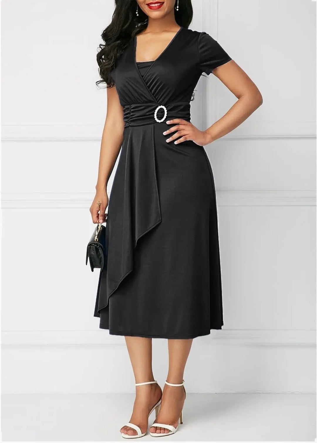 Heidi-Mode | Elegante Frauen Einfarbig Kurzarm V-Ausschnitt Asymmetrischer Saum Tailliert Midi Festkleid Damen Abendkleider