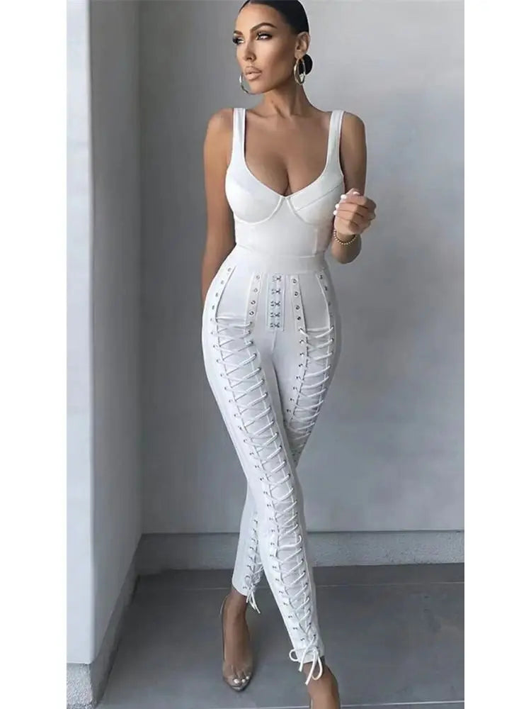 Heidi-Mode | Schwarz Weiß Ärmellos Weben Rayon Bandage Jumpsuit Cocktailparty Bodycon Jumpsuit Vestidos