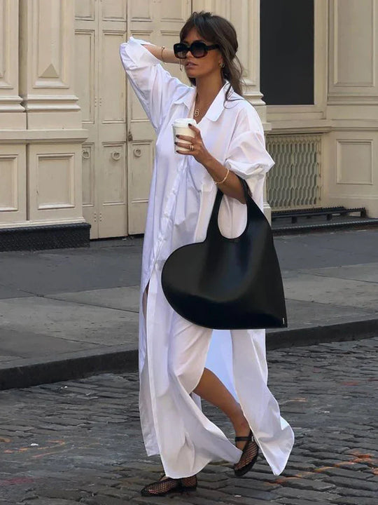Heidi-Mode | Lässiges Split Langarm Maxi Kleid für Frauen Eleganter Kragen Ein-Knopf Weiße Kleider Schicke Damen High Streetwear Roben