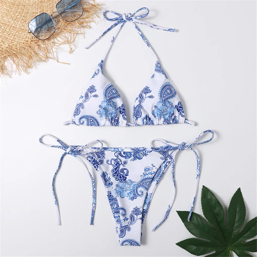 Heidi-Mode | Halter Triangle Sexy Bikini Set Frauen Patentleder Glitzer Badeanzug Sommer Einfarbig G String Bademode Seitenschnürung Monokini