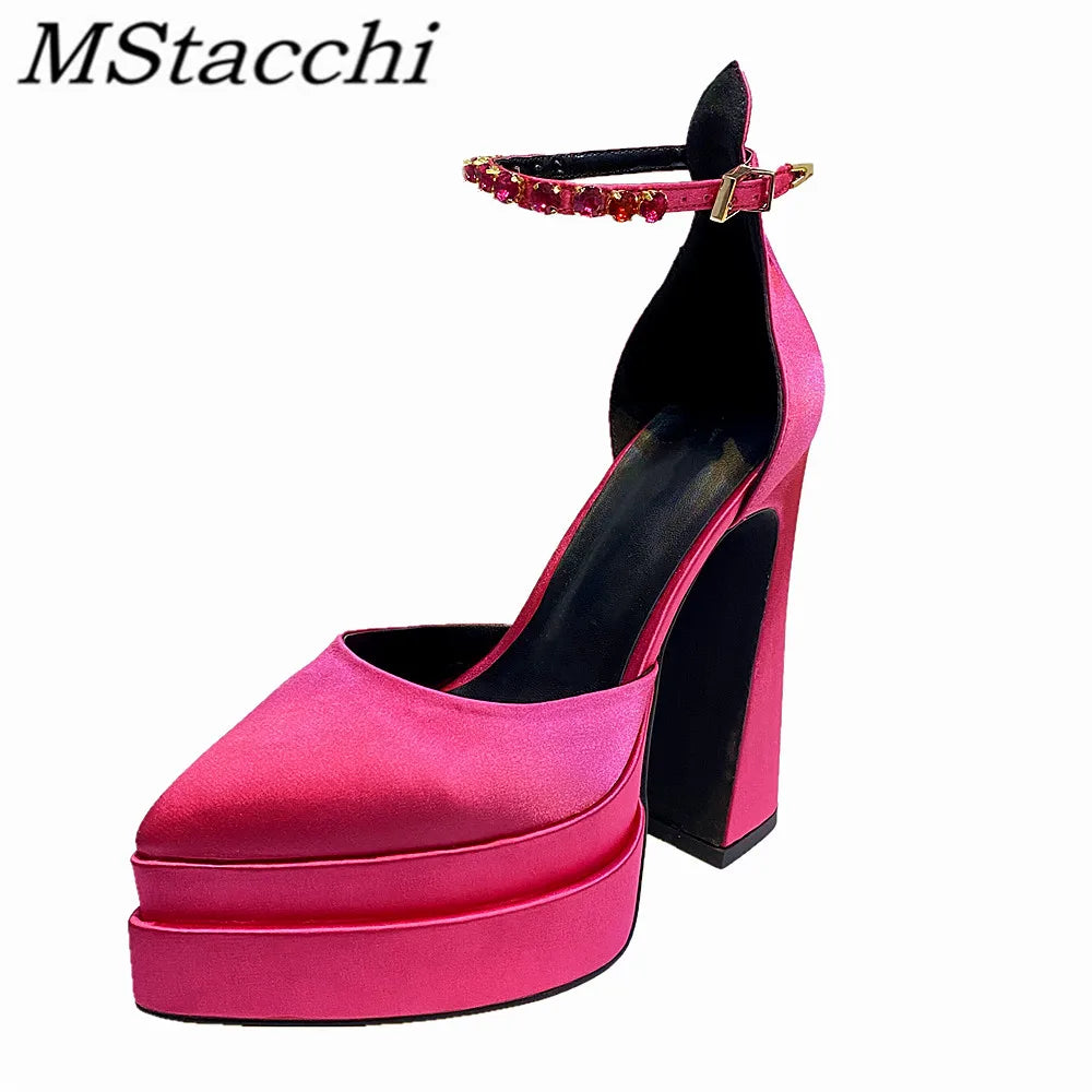 Heidi-Mode | Luxus Frauen High-Heels Schuh Plattform Sandalen Spitz Zehe Damen Seiden Pumps Sexy Strass Schnalle Chunky Absatz Hochzeitsschuhe
