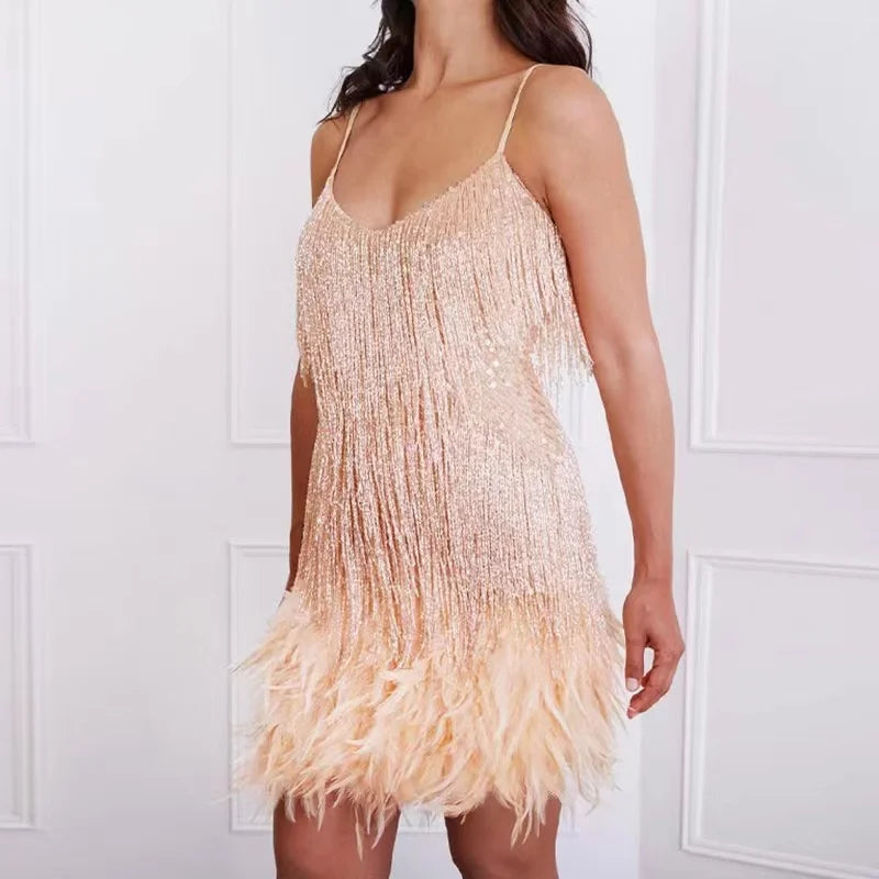 Heidi-Mode | Kleid Gold Pailletten Fransen Mini Kleid