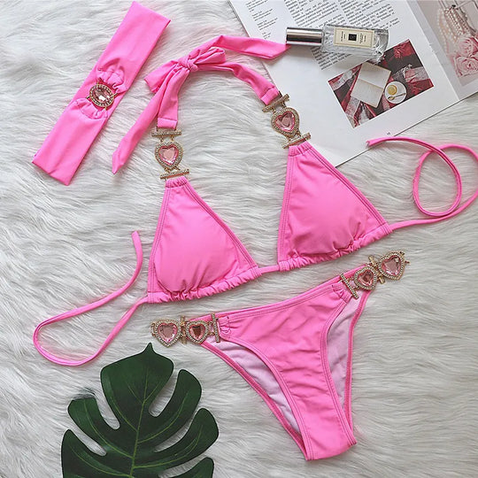 Heidi-Mode | Pink Sexy Bikinis Schwimmbekleidung mit Herz Strass Damen Bademode Female Push-Up Bikini Strand Bademode Badeanzüge Pool Badebekleidung