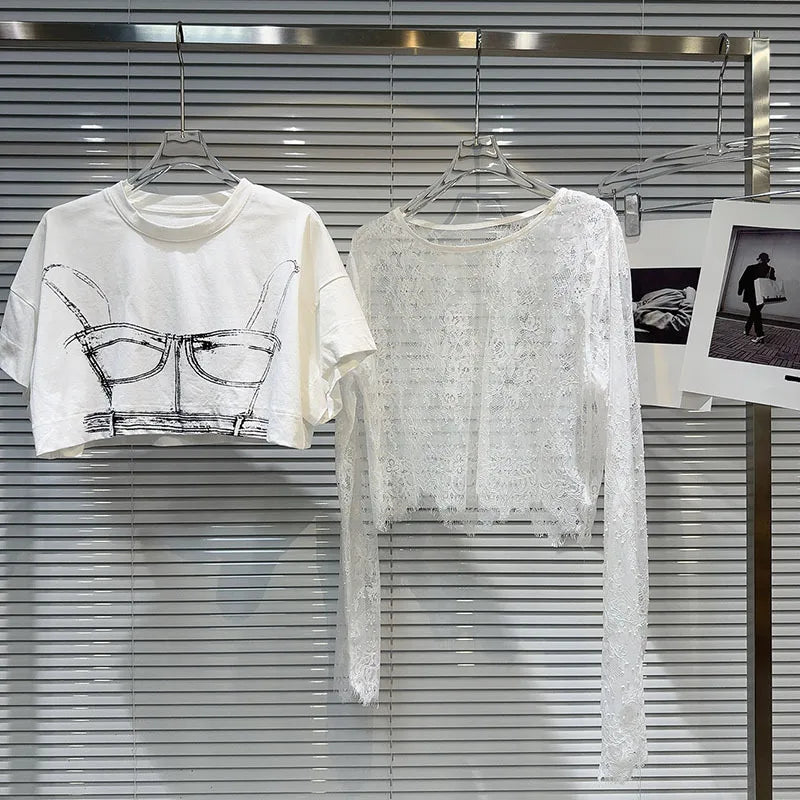Heidi-Mode | Gemustertes Gedrucktes Kurzarm Wellen Spitzen T-Shirt Zwei Teile Set für Frauen Frühling Neue Artikel Lässige Kleidung