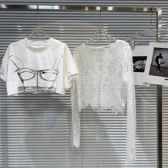 Heidi-Mode | Gemustertes Gedrucktes Kurzarm Wellen Spitzen T-Shirt Zwei Teile Set für Frauen Frühling Neue Artikel Lässige Kleidung